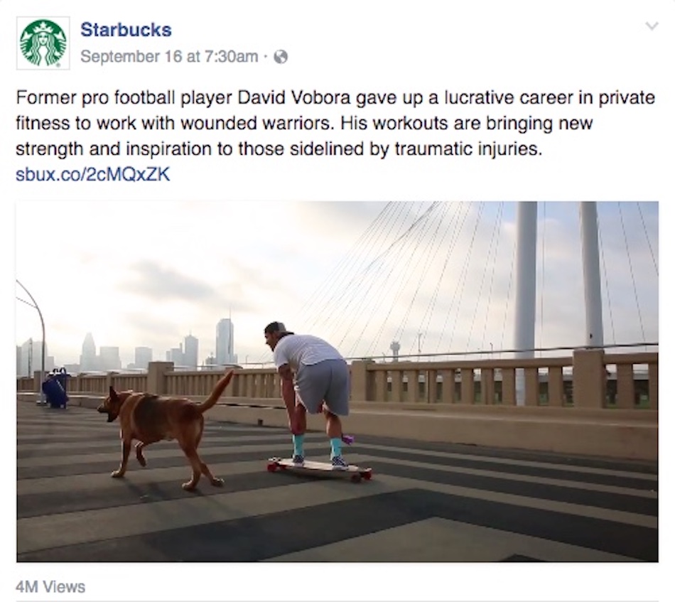 Сообщение Starbucks в Instagram, рекламирующее видео о бывшем игроке НФЛ и раненом ветеране-тренере Дэвиде Воборе.