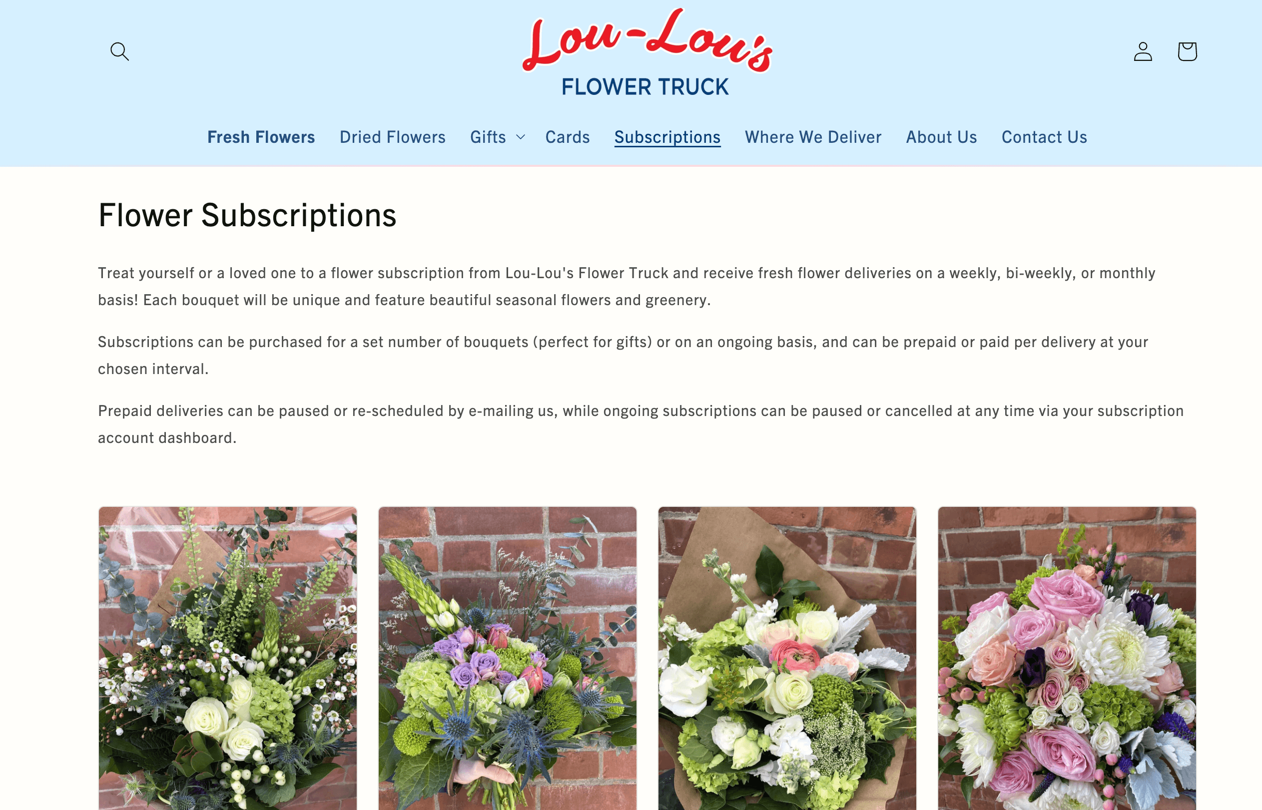 Screenshot der Webseite des Flower Trucks-Abonnementdienstes von Lou-lou