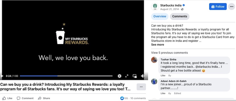 Post Starbucks na Facebooku promuje program lojalnościowy My Starbucks Rewards.