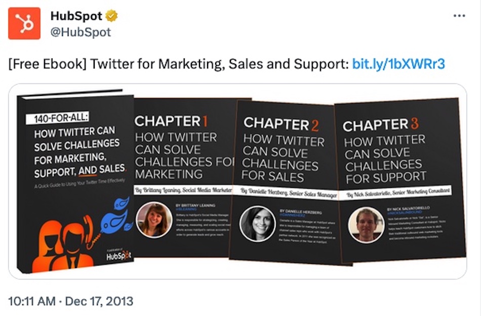 Hubspot'un bir Twitter gönderisi, e-kitabını Twitter'da Pazarlama, Satış ve Destek için tanıtıyor.