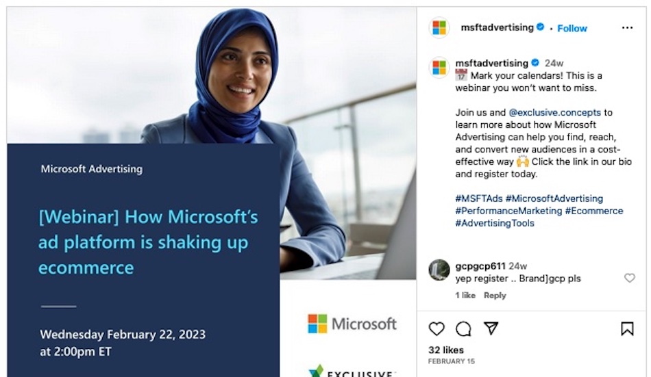 Dans une publication sur Facebook, Microsoft fait la promotion d'un webinaire pour sa plateforme publicitaire.