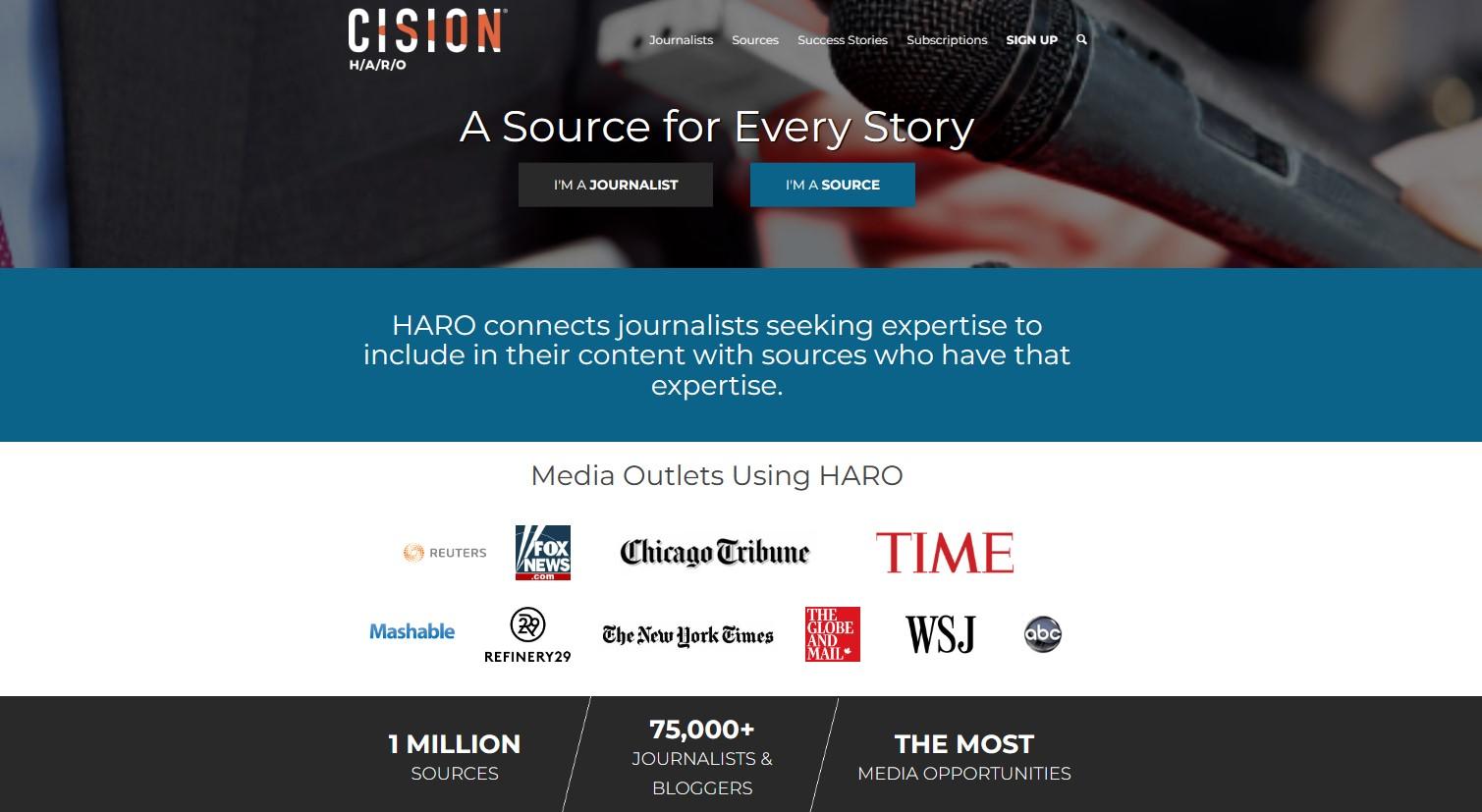 Screenshot der Homepage von HARO By Cision