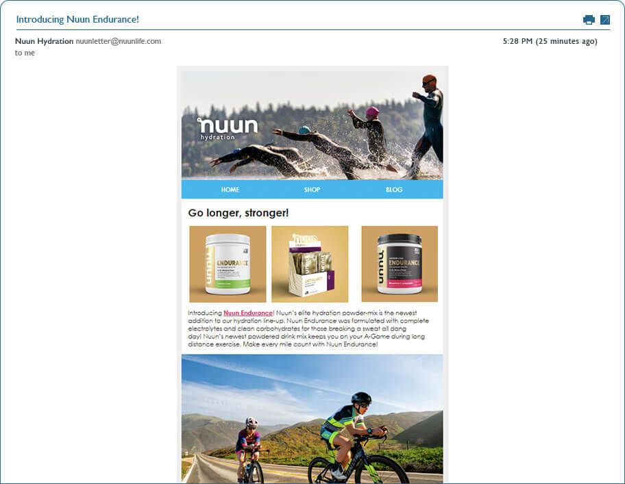 Ein E-Mail-Beispiel der Wellnessmarke Nuun für ihr Ausdauersportlersegment. Die Betreffzeile lautet „Wir stellen vor: Nuun Endurance!“ Die E-Mail zeigt verschiedene Produkte der Endurance-Linie.