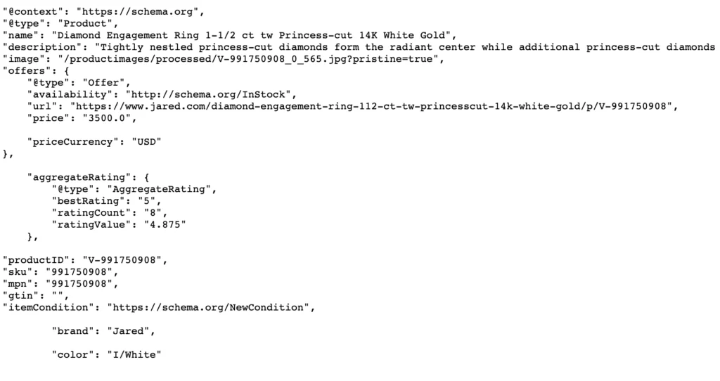 ภาพหน้าจอของมาร์กอัป JSON-LD สำหรับสคีมาผลิตภัณฑ์