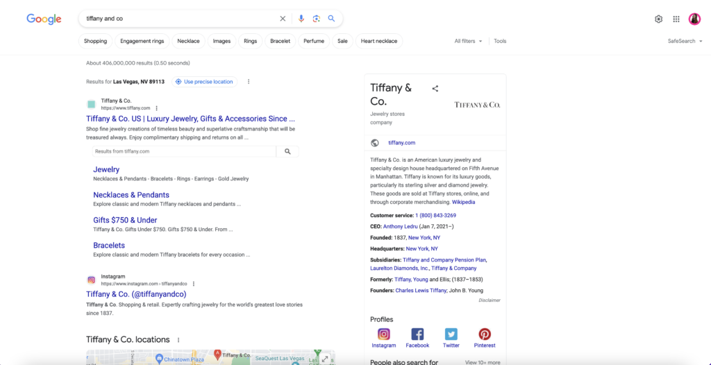 Mücevher perakendecisi Tiffany & Co. için markalı arama sonuçları