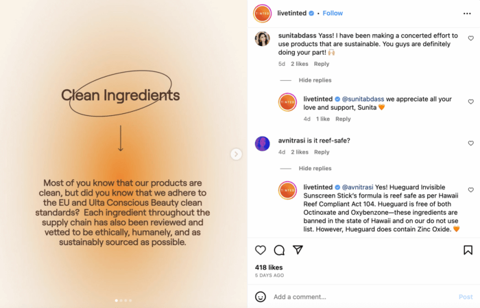 Eine gute Möglichkeit, das Instagram-Engagement zu steigern, besteht darin, den Followern im Kommentarbereich zu antworten, wie es Live Tinted in diesem Instagram-Beitrag tut.