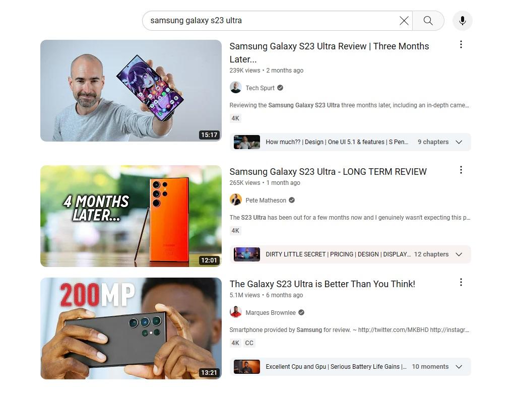 Youtube Samsung arama sonuçları