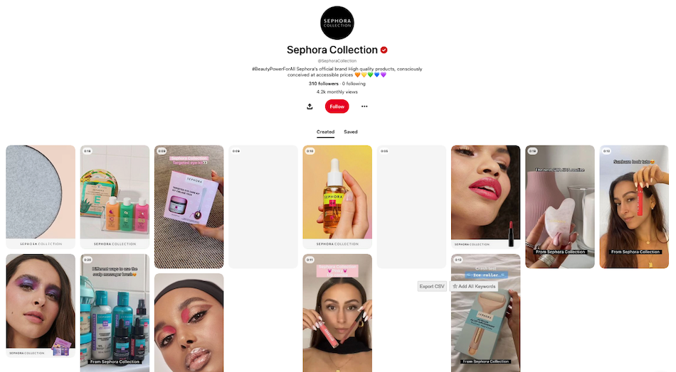 El perfil de marca de Sephora en Pinterest muestra múltiples imágenes en miniatura de diversos modelos bajo una breve frase de texto que dice "Poder de belleza para todos los productos de alta calidad de la marca oficial de Sephora, concebidos conscientemente a precios accesibles".