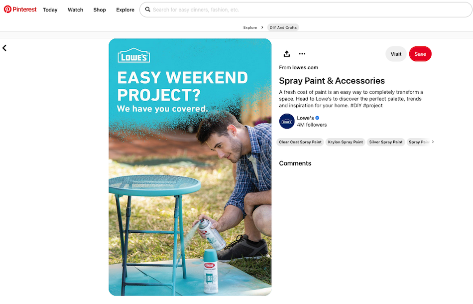 Lowe's Home Improvement setzt seine Social-Media-Strategie mit einem Pinterest-Beitrag um, der ein klares Warum-Projekt mit Sprühfarbe hervorhebt.