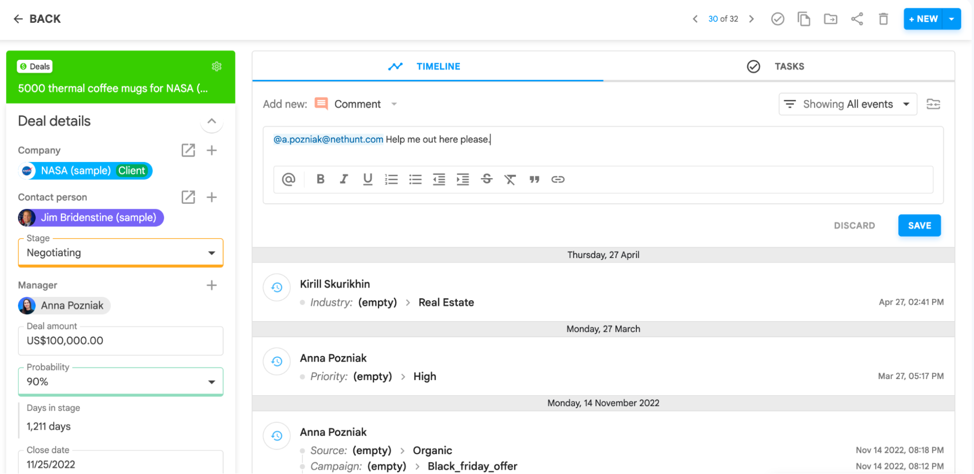 Commentaires dans NetHunt CRM