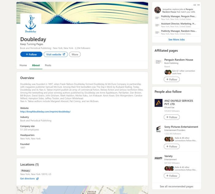 Doubleday의 LinkedIn 쇼케이스 페이지는 심층적인 개요와 회사 정보로 구성되어 있습니다.