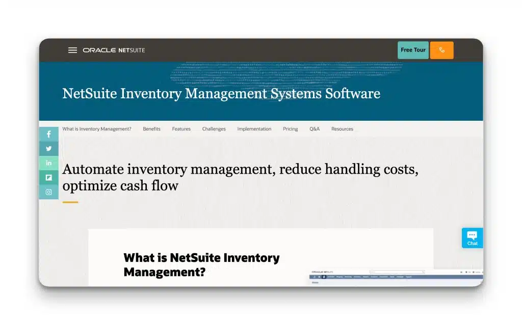 Página de gestión de inventario de Oracle Netsuite