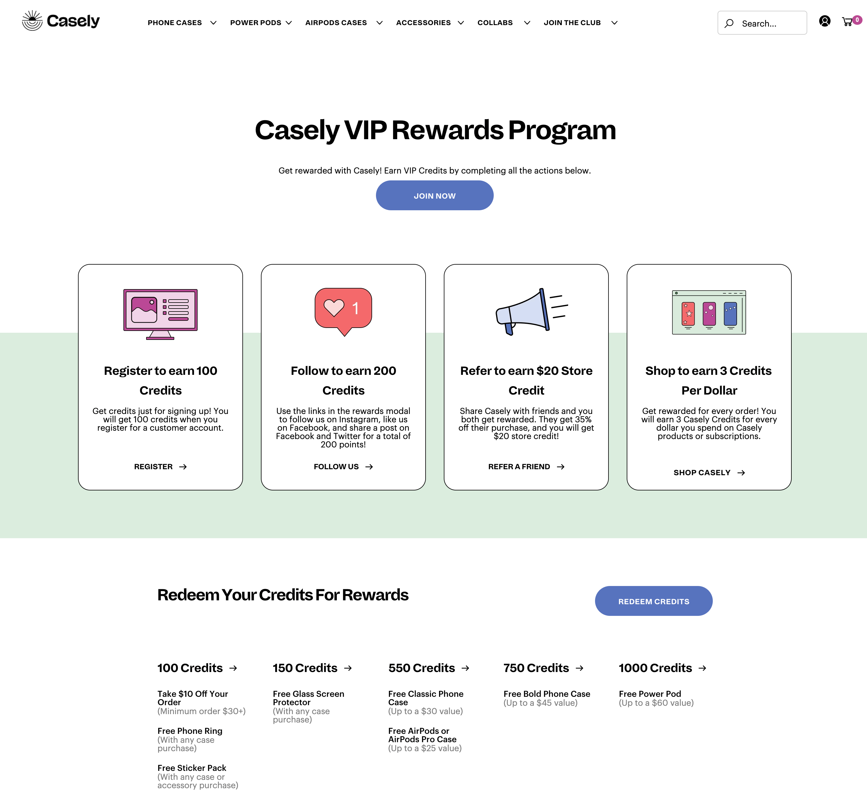 보상을 얻는 4가지 방법과 특정 금액에 사용할 수 있는 다양한 보상을 보여주는 Casely VIP 보상 프로그램 설명 페이지의 스크린샷.