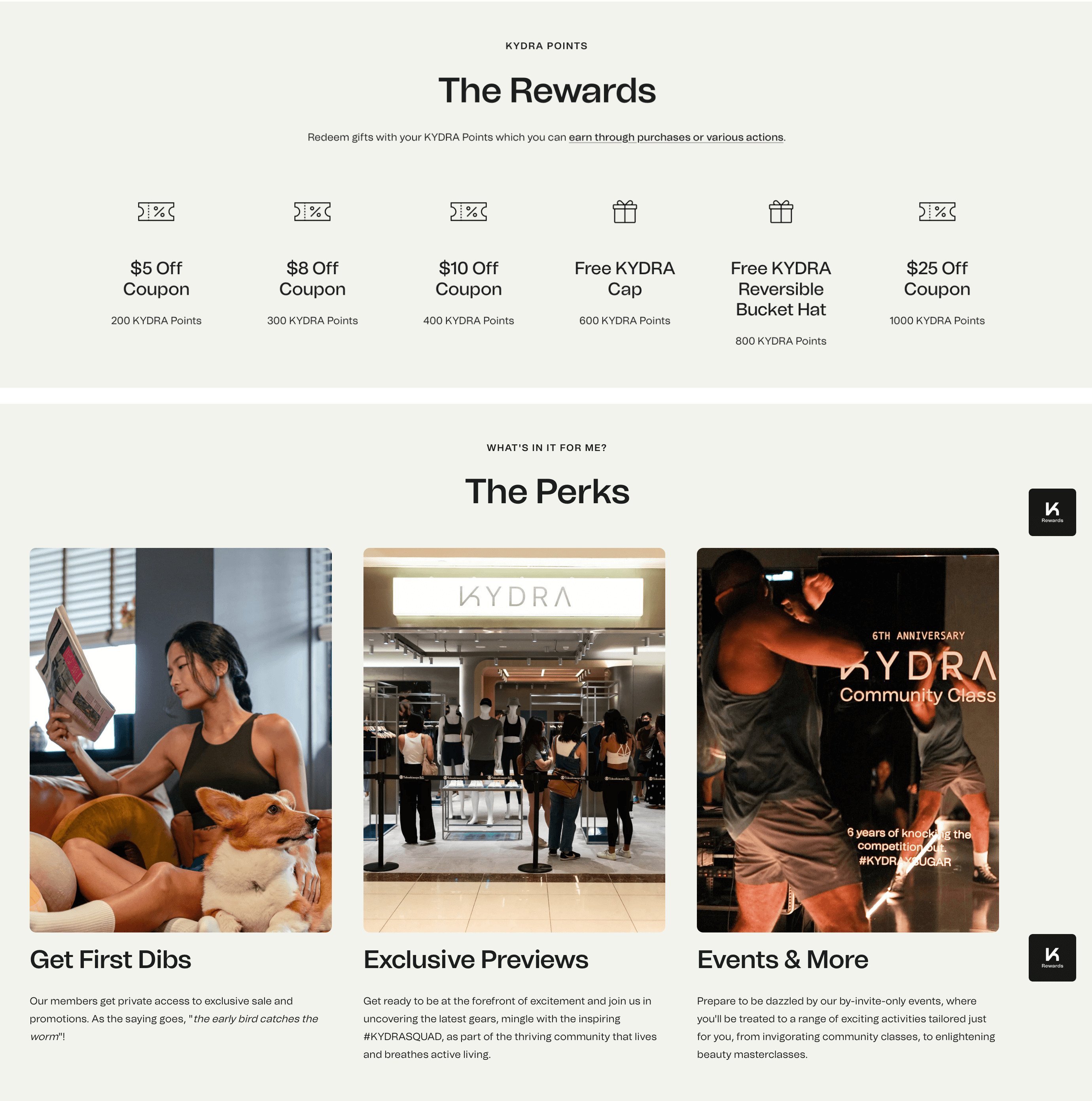 Uno screenshot dalla pagina esplicativa del programma premi KYDRA che mostra i premi che i clienti possono riscattare con i loro punti. Mostra anche i vantaggi che ottengono tutti i membri del programma, come il primo accesso ai saldi, anteprime esclusive e inviti agli eventi.