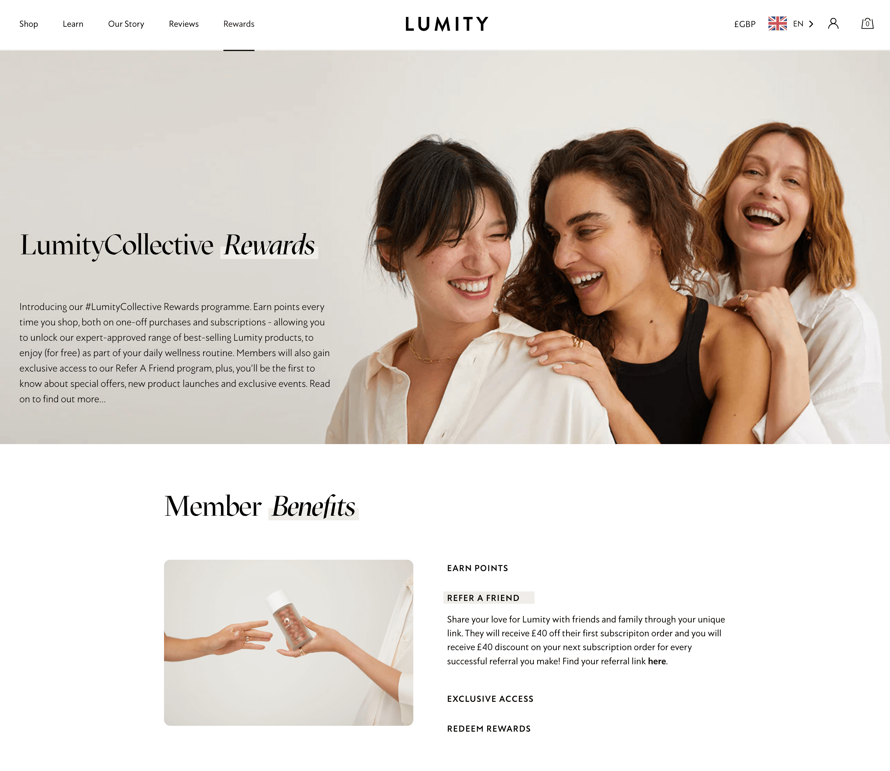 Una captura de pantalla de la página explicativa del programa LumityCollective Rewards de Lumity, que muestra los detalles del programa de referencia que ofrece £ 40 para cada fiesta.