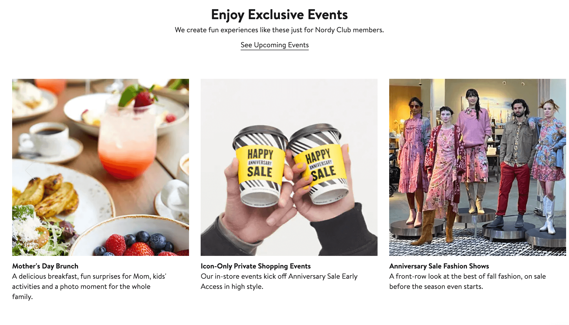 Uno screenshot dalla pagina esplicativa del programma fedeltà Nordy Club di Nordstrom che mostra i premi esclusivi dell'evento offerti.