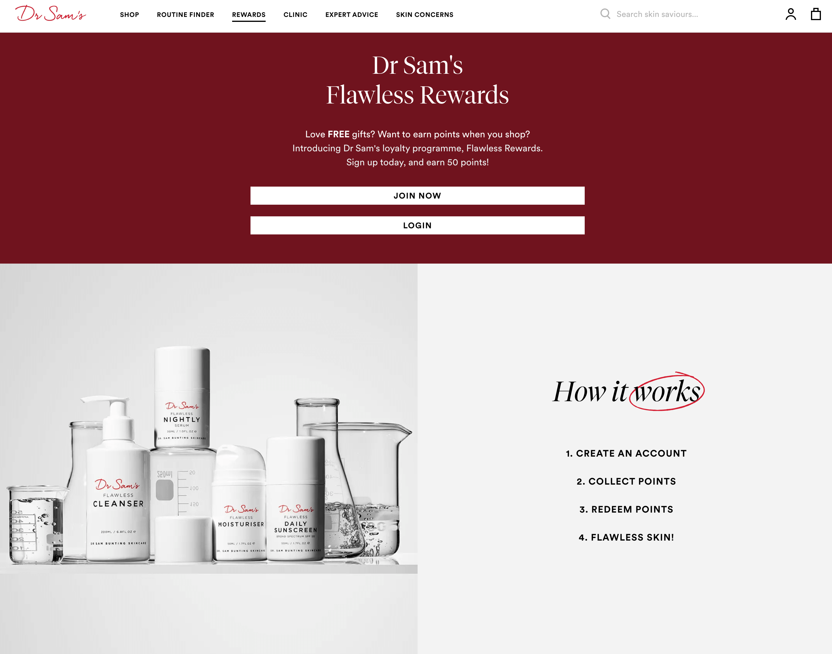 Web サイトにある Dr. Sam の Flawless Rewards プログラムの説明ページのスクリーンショット。そこには、プログラムの簡単な説明と、今すぐ参加するかログインするための行動喚起が含まれています。その下には、アカウントの作成から特典の引き換えまでプログラムがどのように機能するかを説明するセクションがあります。