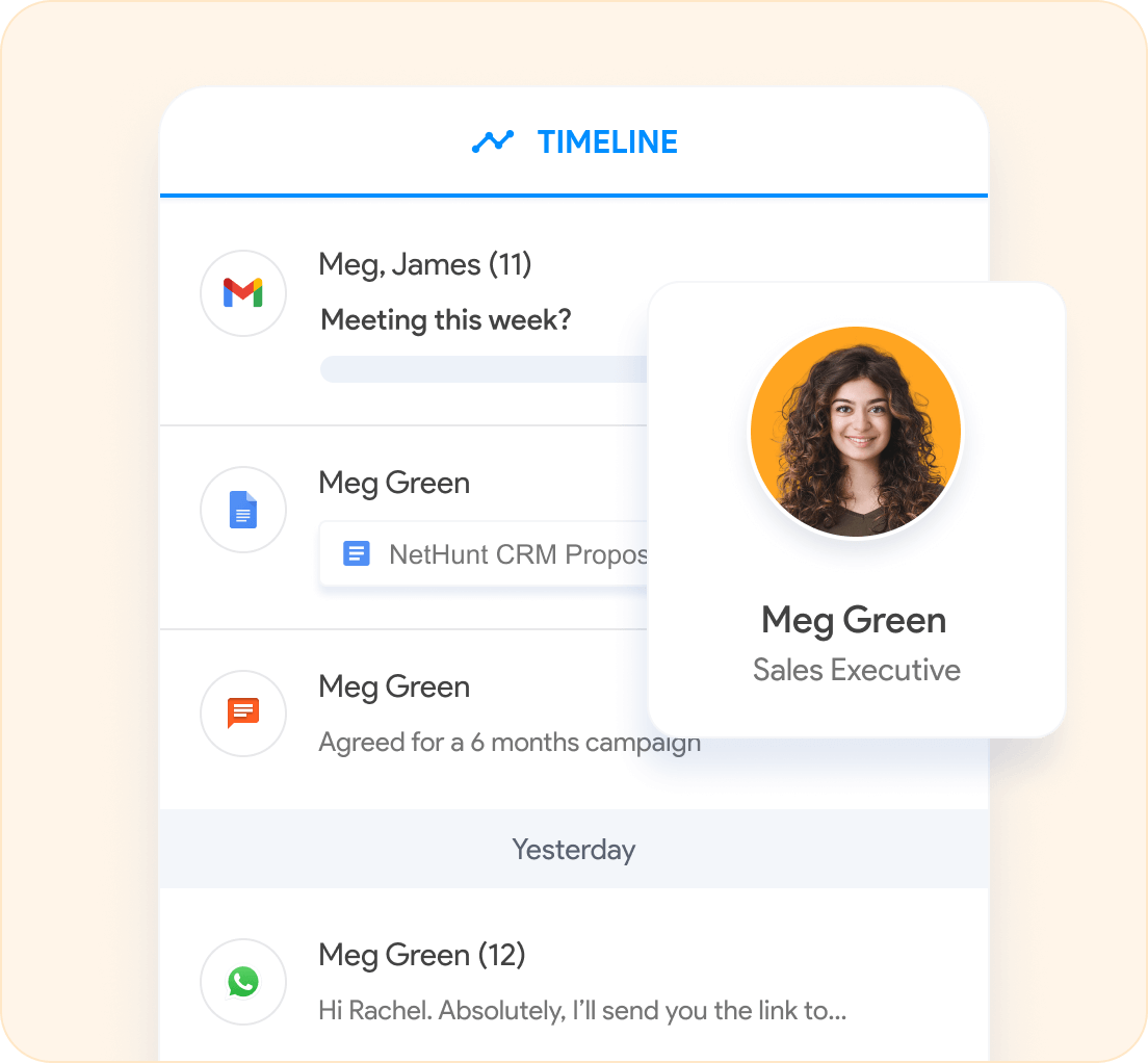 NetHunt CRM の営業担当者向けコミュニケーション タイムライン フィード
