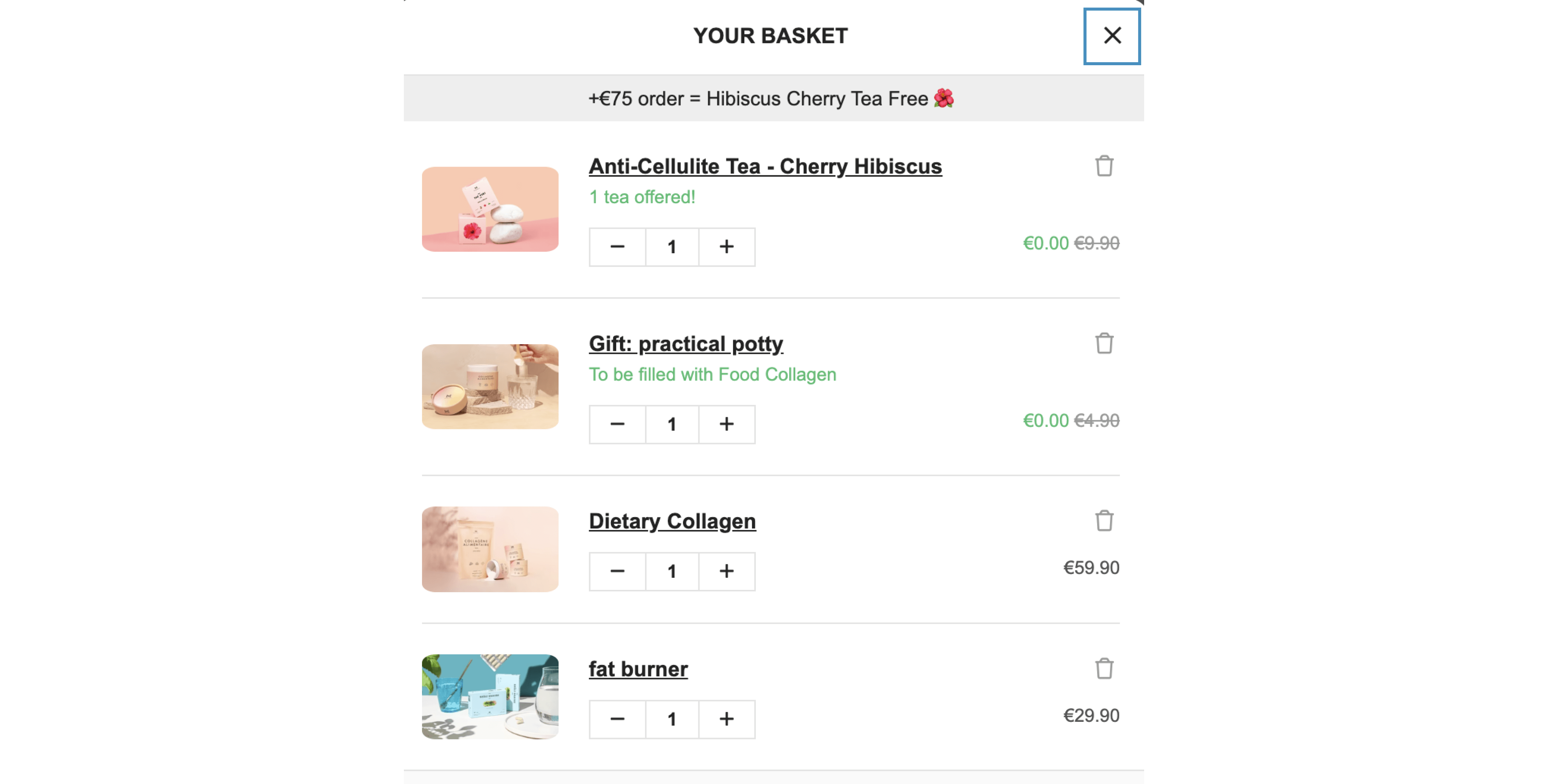 Une capture d'écran de la page du panier sur le site Web de Miniweight. Sur cette image, le client a ajouté les produits Brûleur de graisse et Collagène alimentaire à son panier et a été récompensé par le Thé anti-cellulite et le Pot pratique en cadeau.