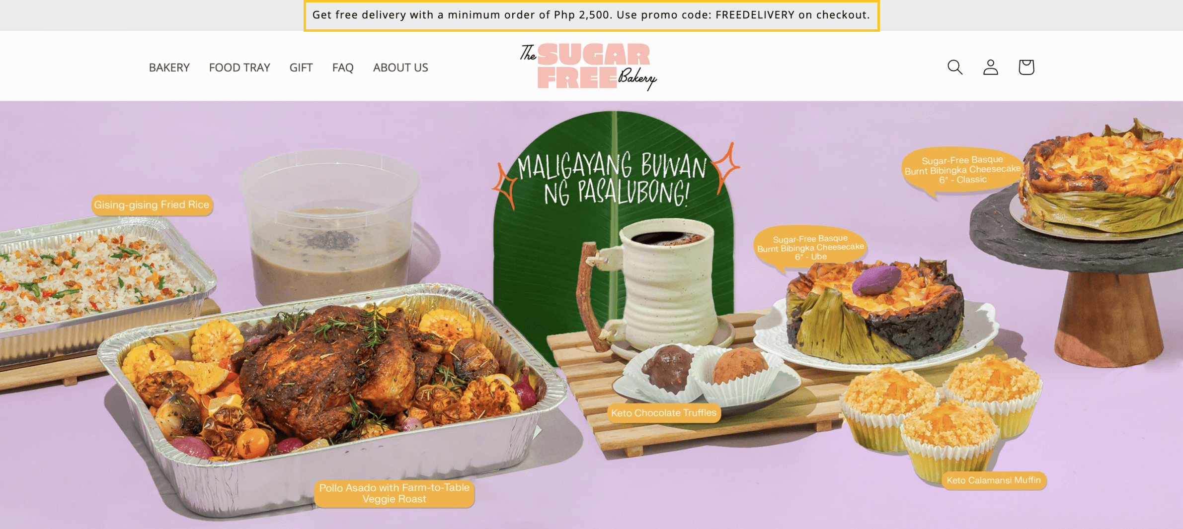 Ein Screenshot der Homepage von The Sugar Free Bakery mit einem Banner mit der Aufschrift: Erhalten Sie eine kostenlose Lieferung ab einem Mindestbestellwert von PHP 2.500. Verwenden Sie den Aktionscode „Kostenlose Lieferung“ beim Bezahlen.