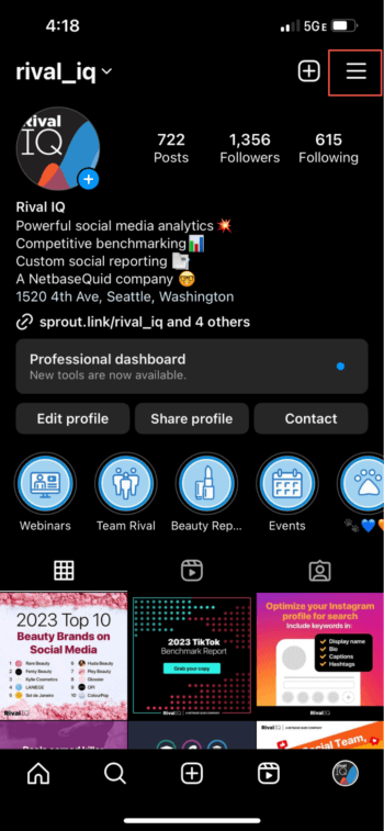 Здесь, на странице Instagram Rival IQ, выделен значок в виде трех линий или гамбургера.