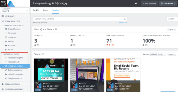 Rival IQ は、Instagram ストーリーのフレーム/投稿、ピークリーチ/ストーリーなどを含む大量の指標を提供します。