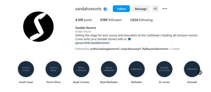 Sandals Resorts Profil na Instagramie z ich najważniejszymi wydarzeniami pogrupowanymi według ośrodków