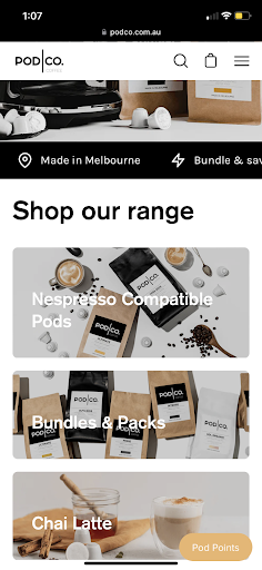 Mobiler Screenshot der E-Commerce-Markenseite Podco