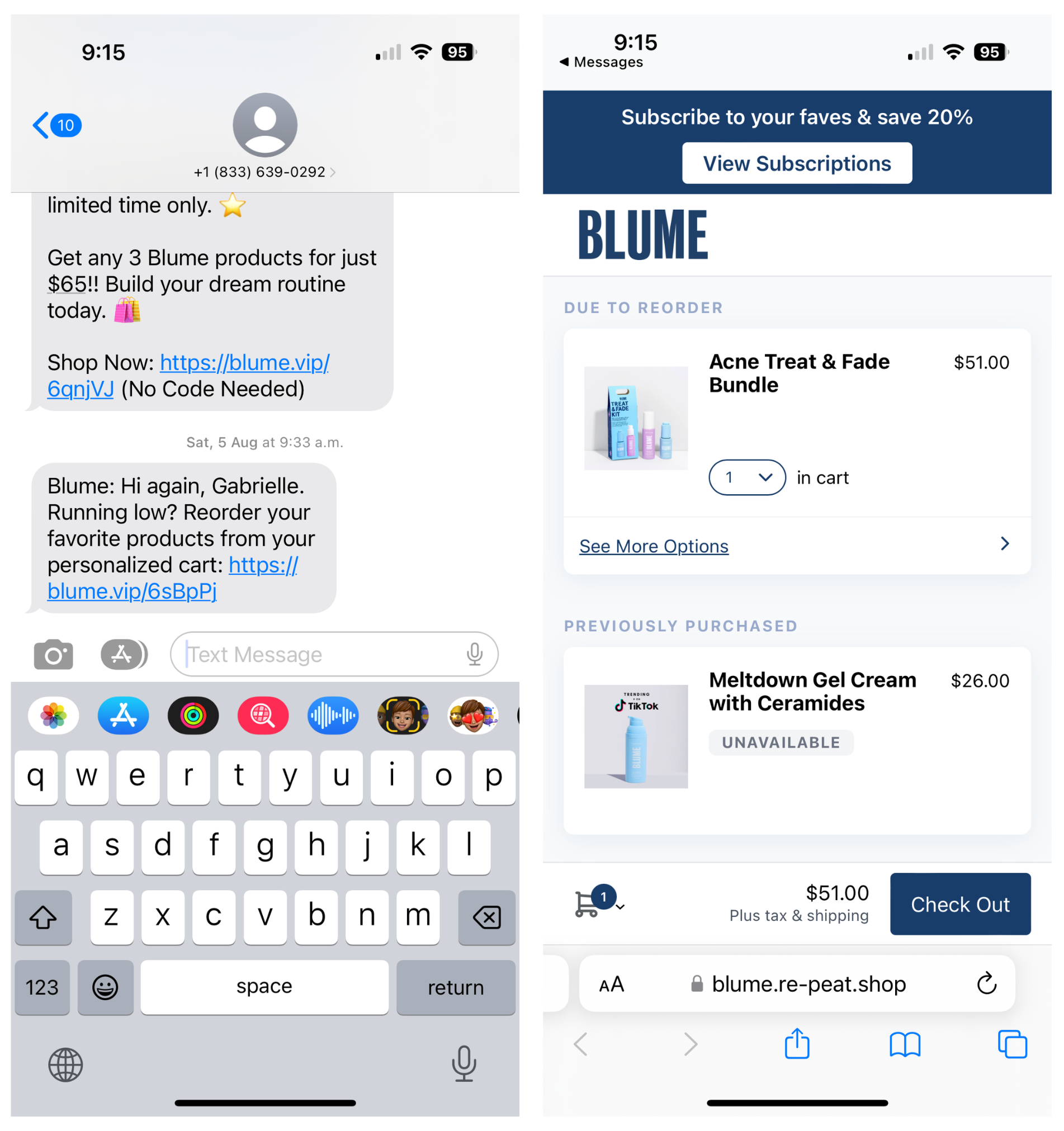 Blume からの SMS メッセージのスクリーンショットと Web サイトの製品ページのスクリーンショットを並べて表示