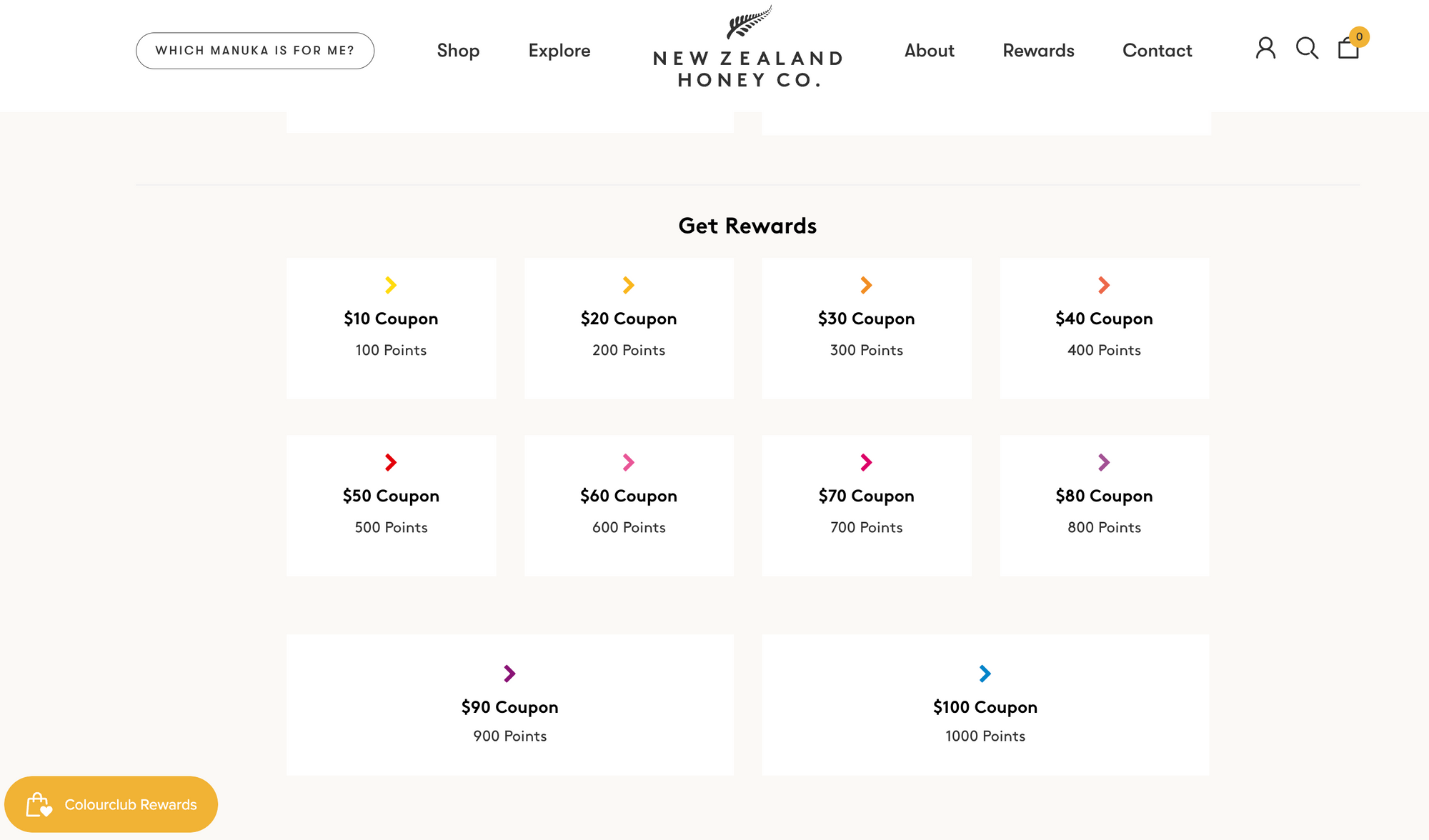 captura de pantalla de la página de recompensas de Honey Co de Nueva Zelanda