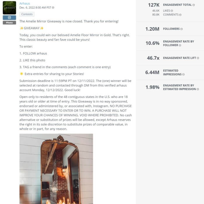 Questo post omaggio altamente coinvolgente di Arhaus raffigurante uno specchio dorato ha ricevuto ben 80.000 commenti e oltre 46.000 Mi piace, come osservato nell'analisi dei post sui social di Rival IQ.