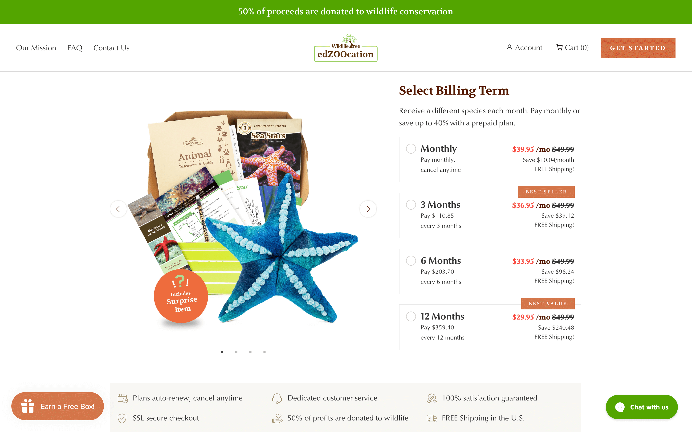 Ein Screenshot der Produktseite für die Abonnementbox von edZOOcation. Es gibt Optionen zum Kauf monatlich, alle 3 Monate, 6 Monate oder 12 Monate.