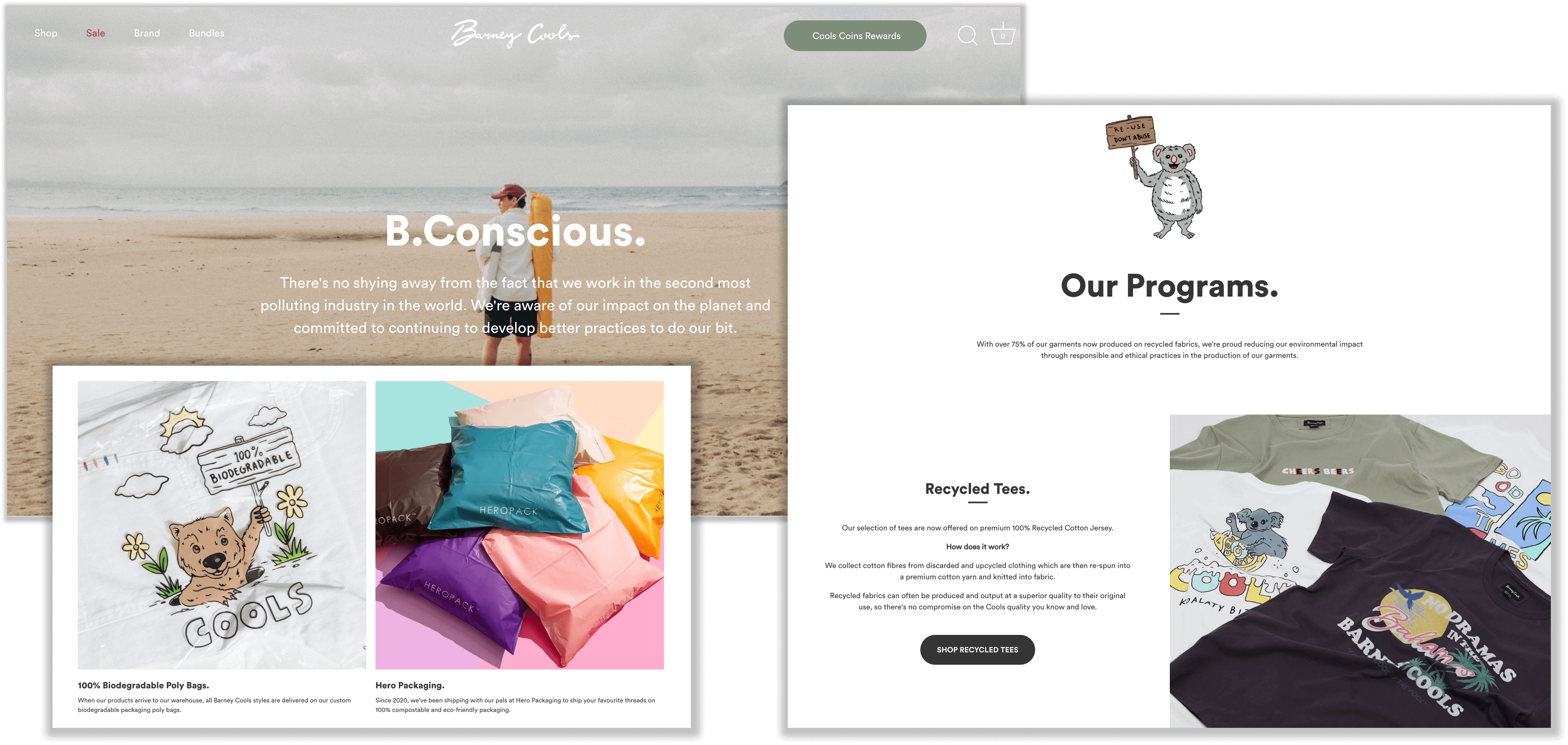 Mehrere Screenshots von der Website von Barney Cool. Sie zeigen die Homepage von B. Conscious, die angebotenen nachhaltigen Programme wie Recycled Tees und die umweltfreundlichen Verpackungen der Marke.