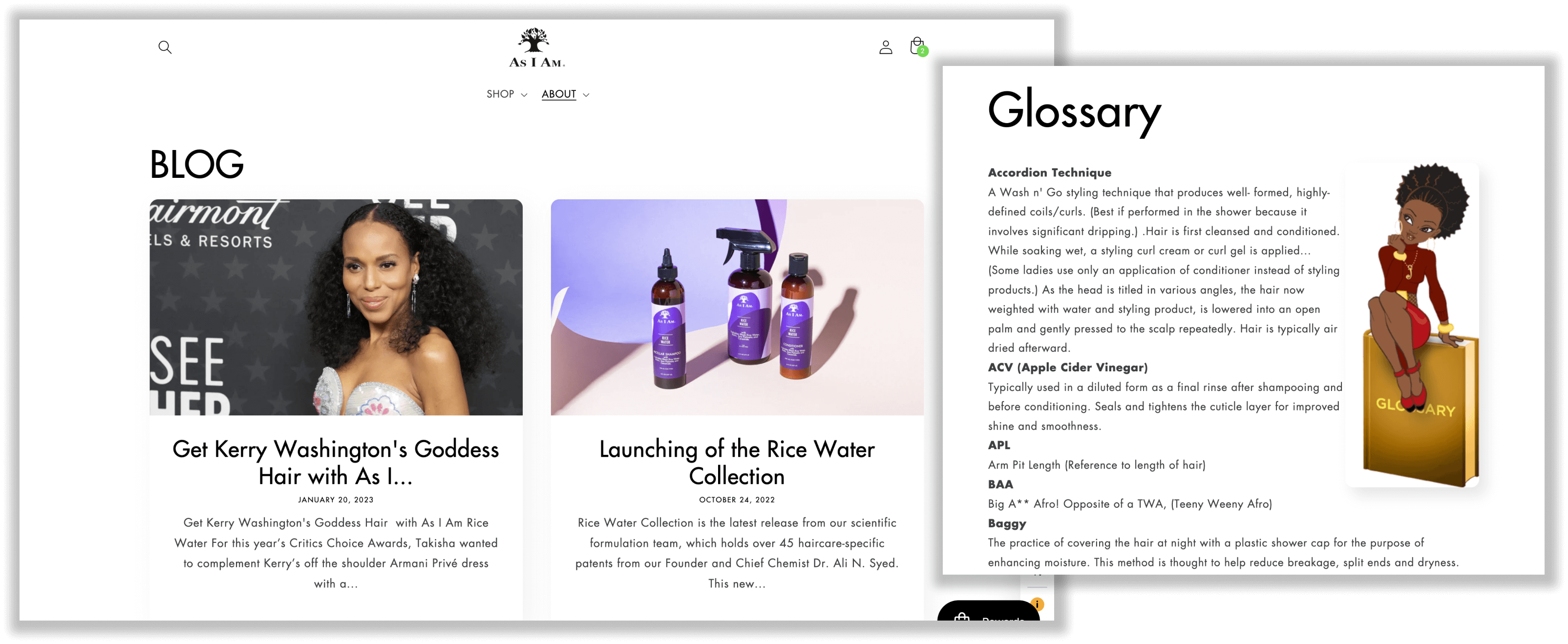 Ein Screenshot von der Website von As I Am, der die Blog-Homepage und eine Glossarseite mit Begriffen zum Thema Haare zeigt.