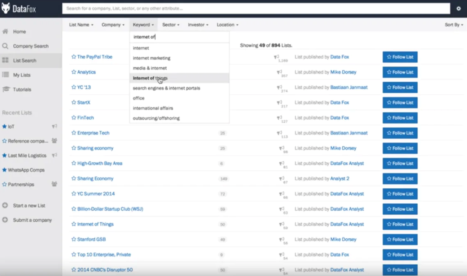 Uno screenshot che mostra l'aspetto della soluzione di sales intelligence DatFox.