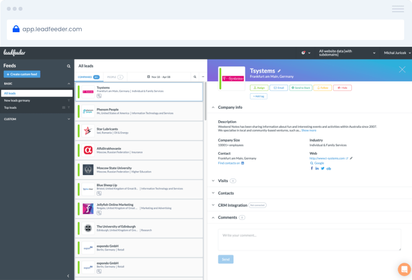 Capture d'écran du logiciel d'intelligence commerciale, Leadfeeder.