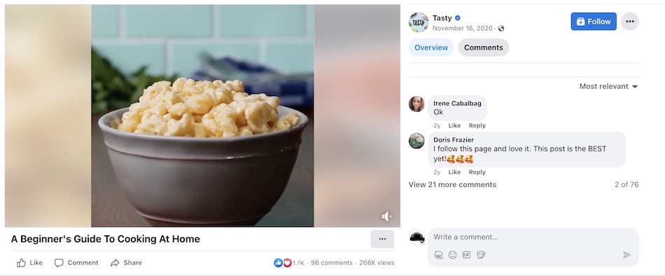 Una imagen fija de una publicación de video de Instagram muestra un plato de macarrones con queso con una columna de comentarios a la derecha.