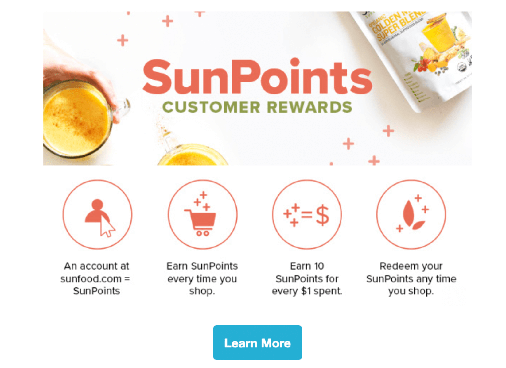 Sunfoods'un sadakat programı sunpoint'lerini ayrıntılarıyla anlatan e-postasının ekran görüntüsü