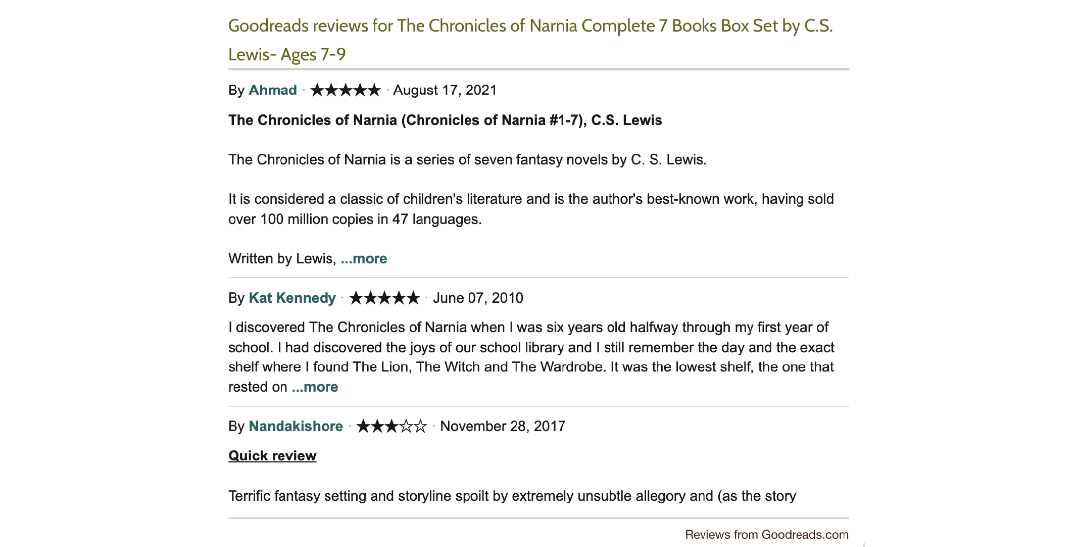 لقطة شاشة للمراجعات من Goodreads لـ The Chronicles of Narnia المعروضة على صفحات منتجات The Book Bundle.