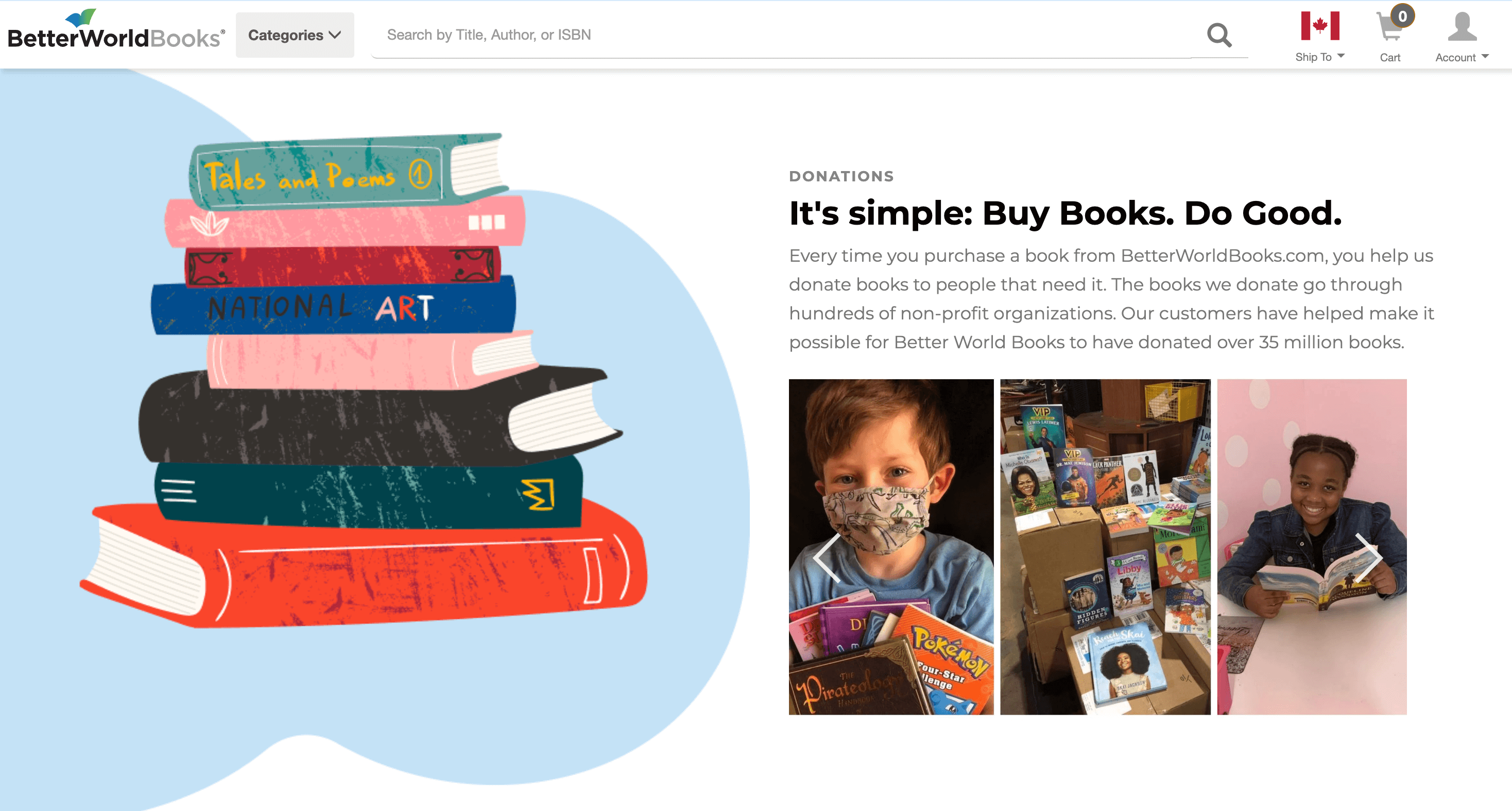 Ein Screenshot von der Impact-Seite von Better World Books, der die Mission „Buy Books, Do Good“ erklärt.