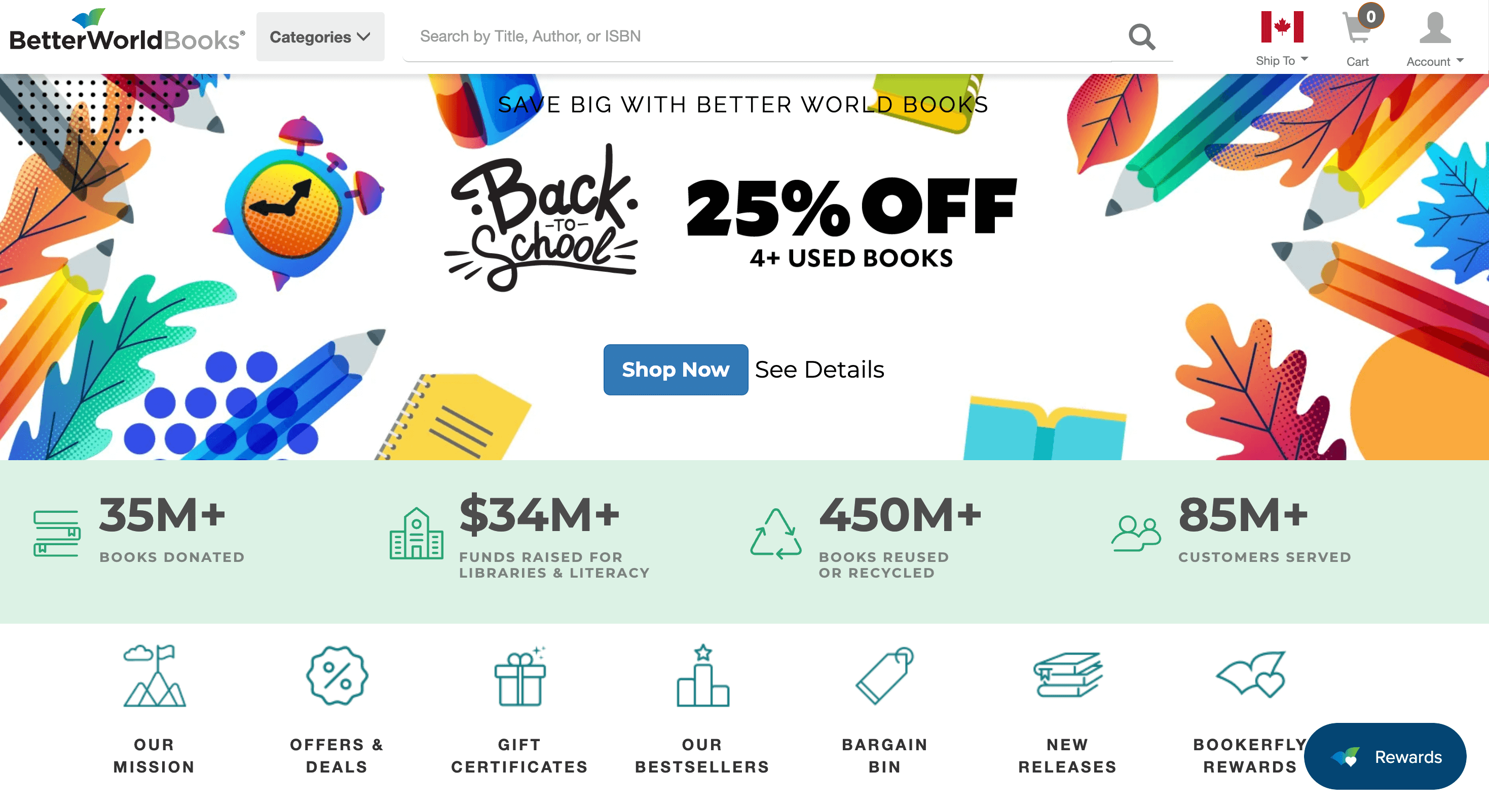 Uno screenshot della home page di Better World Books, che evidenzia le sue iniziative sociali come 35 milioni di libri donati, 34 milioni di dollari in fondi raccolti per le biblioteche e l'alfabetizzazione, 450 milioni di libri riutilizzati o riciclati e 85 milioni di clienti serviti.