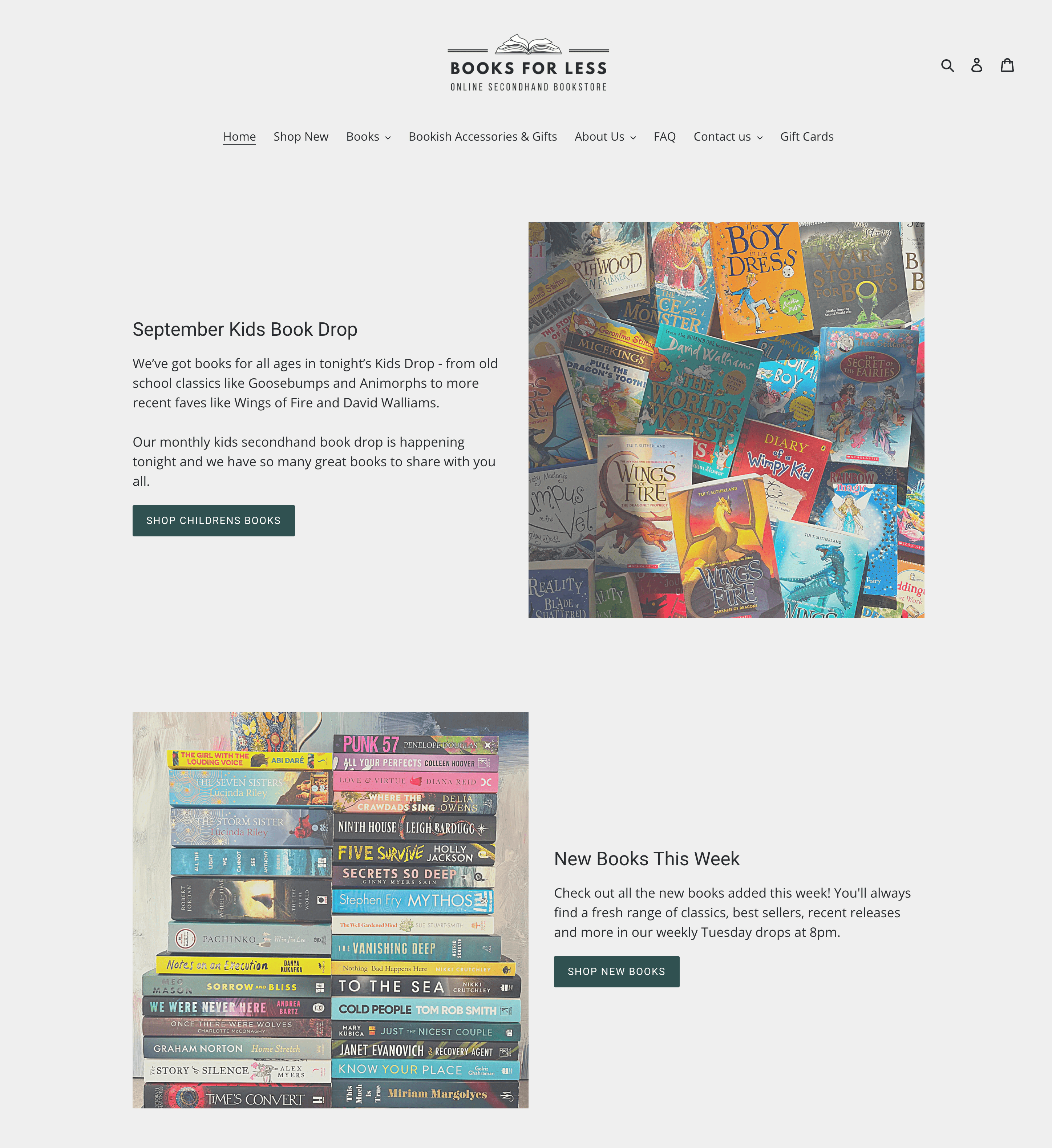 Una captura de pantalla de la página de inicio de Books For Less que muestra la entrega de libros para niños de septiembre y los libros nuevos de esta semana.