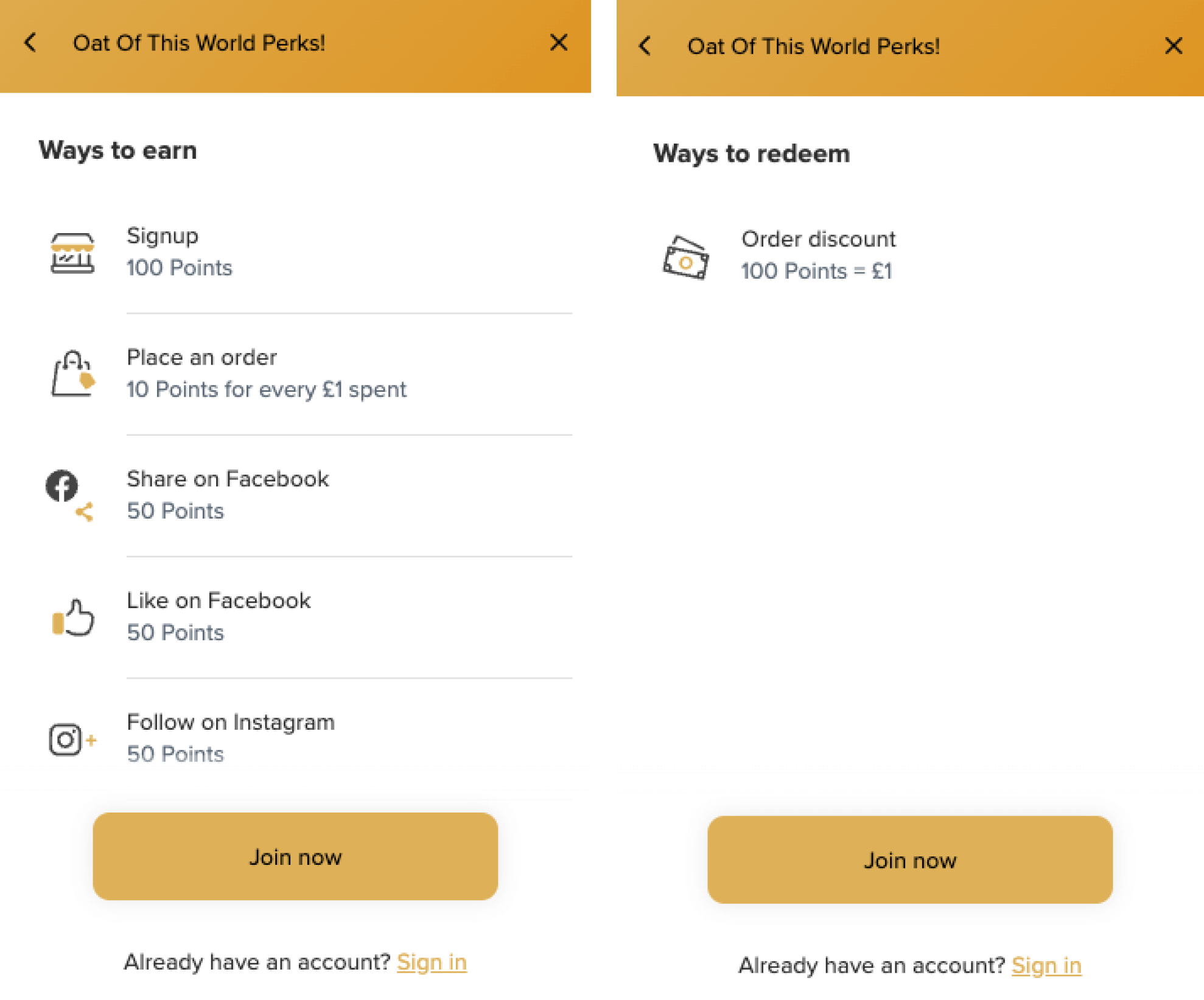 Tangkapan layar panel program loyalitas Oatopia yang menunjukkan cara memperoleh dan menukarkan poin. Ini menyoroti bahwa pelanggan memperoleh 10 poin untuk setiap £1 yang dibelanjakan saat melakukan pemesanan dan mereka dapat menukarkan 100 poin dengan potongan £1 untuk pembelian di masa mendatang.