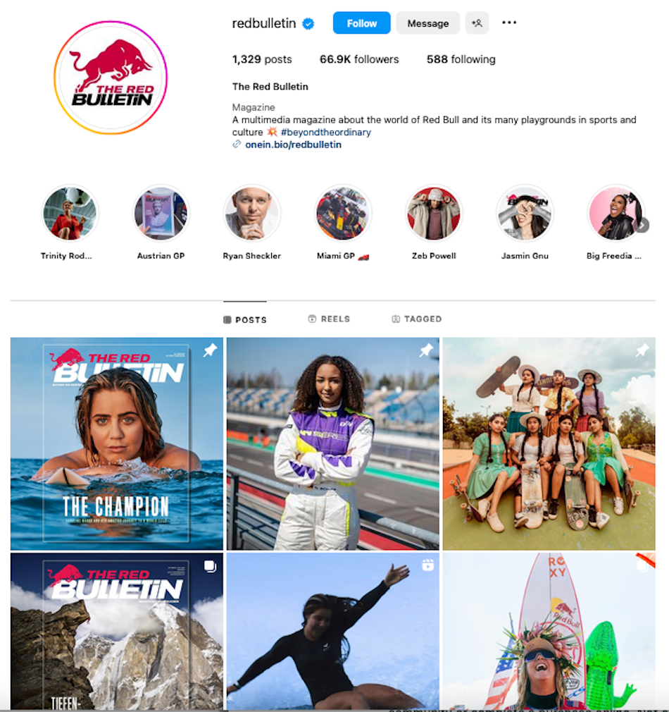 用戶在 Red Bull 社交媒體品牌社區 The Red Bulletin 的 Instagram 帳戶中創作了一系列六張用戶拍攝的衝浪、賽車、滑板和攀岩女運動員照片。