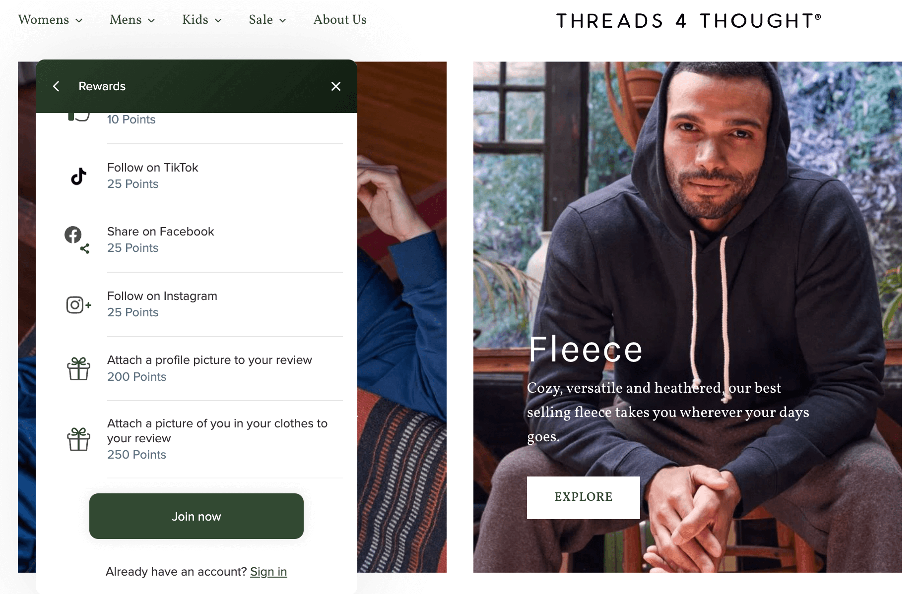 screenshot del marchio di abbigliamento e del programma fedeltà di Threads 4 Thought