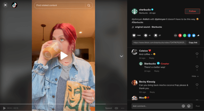 この TikTok では、スターバックスがチェーンのコーヒーを飲む顧客のビデオを投稿し、自分でコーヒーを淹れていた TikToker をタグ付けしてエンゲージメントを生み出し、会話に参加することに成功しました。