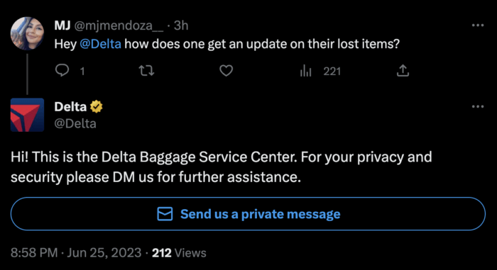 デルタ航空は、手荷物の紛失に関する消費者の問い合わせに、オンラインでの言及を監視し、顧客サポートを提供することで対応しています。