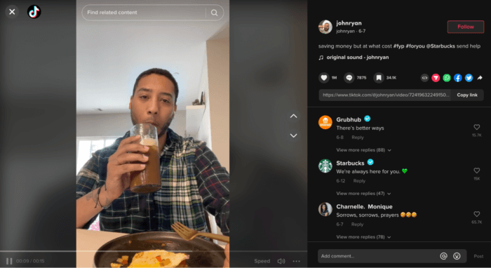 このビデオの TikToker は自分でコーヒーを作り、「お金は節約できますが、その代償はいくらですか」というキャプションを書き、スターバックスについて言及しています。コーヒー ブランドは、いつでもあなたのためにそこにいますと答え、サポートを示すために緑色のハートの絵文字を追加します。