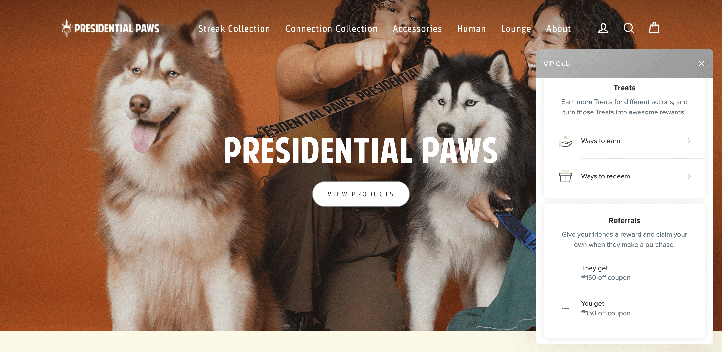 Presidential Paws 主頁的螢幕截圖顯示聯合創始人與他們的兩隻毛茸茸的哈士奇狗合影。頁面一側是其 Presidential Paws VIP Club 獎勵計劃面板。