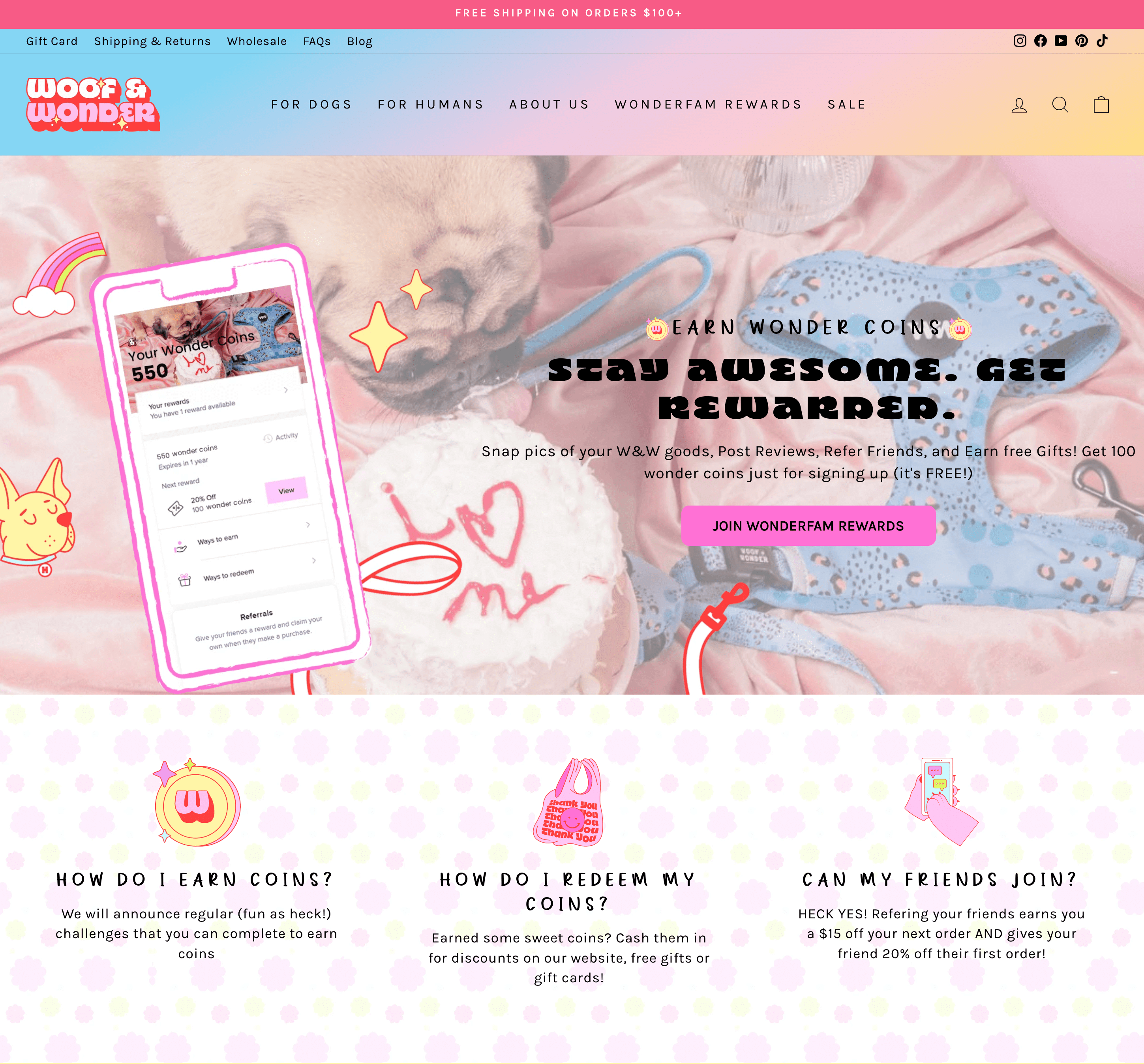 Ein Screenshot der Erklärungsseite des Wonderfam Rewards-Programms von Woof and Wonder. Es zeigt einen Screenshot des Prämienprogramm-Panels und erklärt, wie man Münzen verdient, diese einlöst und Freunde durch Empfehlungen mit Markensymbolen und -farben zur Teilnahme am Programm einlädt.